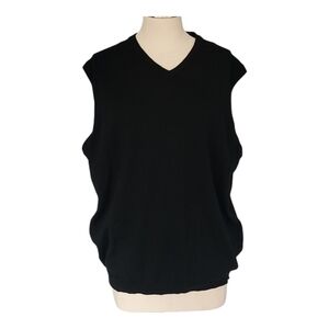 Mens Sleeveless Knitwear 100% Merino Wool Black V Neck Sweater XL